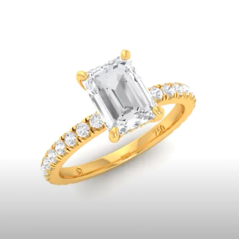 CERTIFIED 18ct YELLOW GOLD EMERALD DIAMOND HIDDEN HALO AND DIAMOND BAND ENGAGEMENT RING 1.50ct