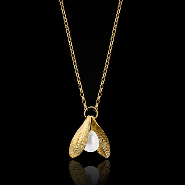 GOLD DOUBLE LEAF AND PEARL PENDANT