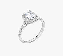 Load image into Gallery viewer, Platinum Emerald Cut 1ct Moissanite Ring With Diamond halo
